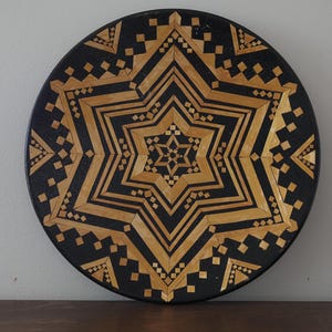 Vintage Russian Straw Geometric Mosaic Wood Plate