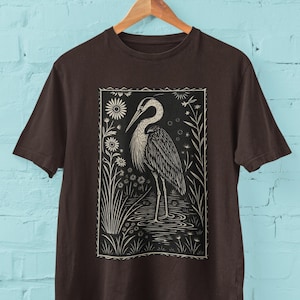 Großes Blau-Reiher-Block-Druck Unisex-T-Shirt, Vintage Vogel-Grafik-T-Stück, Naturliebhaber-Hemd