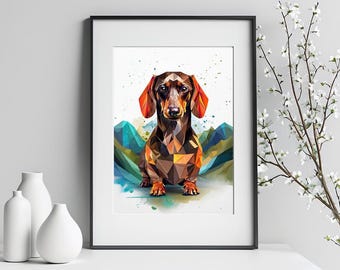 Arte de parede geométrica de Dachshund – Impressão de cachorro estilo polígono – Decoração abstrata moderna para animais de estimação – Download digital
