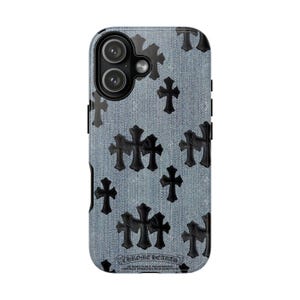 Funda de teléfono vaquera cromada con corazones y cruces. Fundas resistentes para mayor protección. Accesorios elegantes para hombre y mujer. Idea de regalo única. Funda tecnológica de moda.
