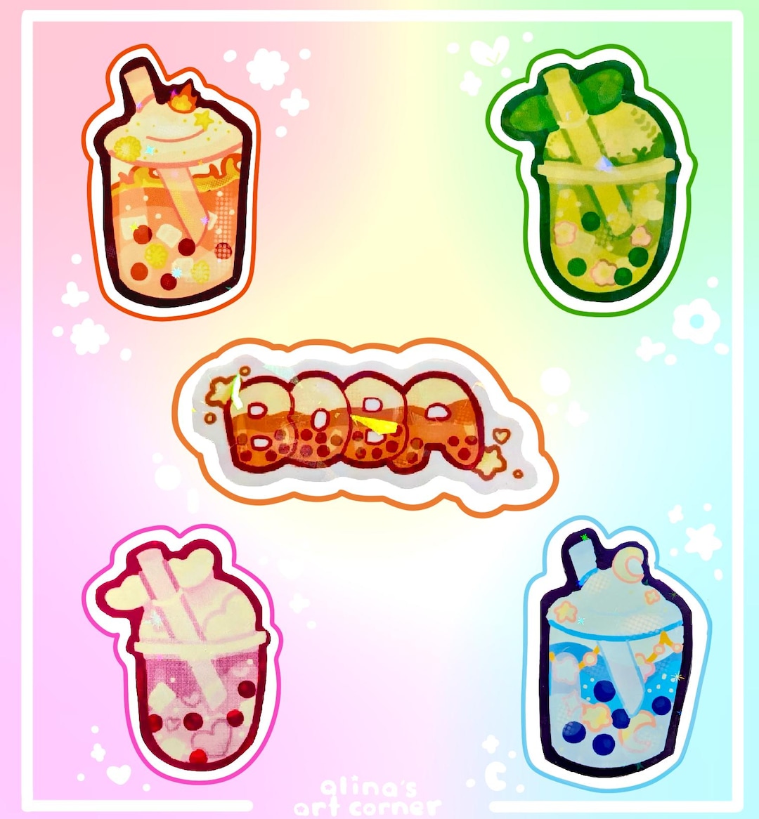 Kawaii Boba Tea Stickers: Holographic Vinyl Die Cut Stickers - Etsy