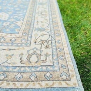 Handmade Blue Beige Ivory Oushak Rug, Modern Design Rug 9x12, Multicolored Turkish Rug, Floral Area Rug: Flooring Wool Rug
