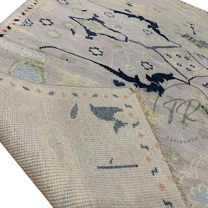 Handmade Deep Blue Highlights Oushak Rug, Modern Design Rug 9x12, Multicolored Turkish Rug, Floral Area Rug: Knotted Rug For Room Elegance