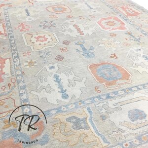 Hand-Knotted Oushak Wool Rug 8x10: Silver Sage, Blue, Modern Neutral