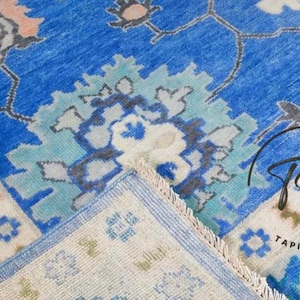 Blue Oushak Rug 9x12 Ivory Accent Area Rug, Handmade Turkish Rug, Modern Contemporary Bedroom Wool Rug for living room or kids room