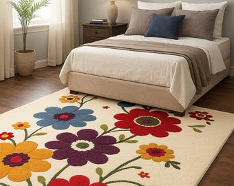 Hand-Tufted Wool Flower Rug, Colorful Floral Area Rug