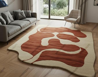 Handmade Abstract Wool Rug: Modern Beige & Terracotta Wavy Edge Carpet For Living Room Décor