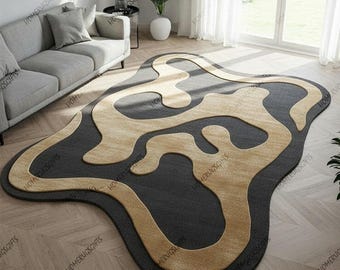 Modern Abstract Wave Rug handmade rug Black & Beige Irregular shape Carpet Contemporary Area Rug 5x8 8x10 Wool rug for Living Room Bedroom