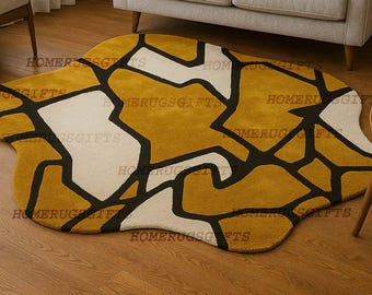 Handmade Mustard Yellow Wool Rug, Geometric Area Carpet