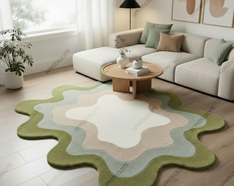 Organic Wavy Area Rug – Modern Abstract Green Beige Carpet