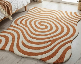 Handmade Wool Wave Rug, Irregular 3D Tufted Carpet, Terracotta & Cream