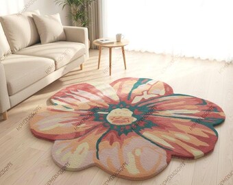 Handmade Wool Flower Rug, Retro Boho Floral Carpet