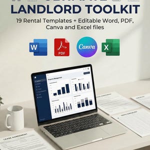 May include: A laptop displaying property management charts, with the text "ULTIMATE LANDLORD TOOLKIT" and software icons. Documents and a mug are on the desk. The toolkit includes 19 rental templates and editable files.