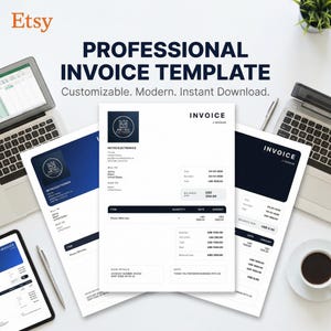 May include: A professional invoice template with the text "PROFESSIONAL INVOICE TEMPLATE" and "Customizable. Modern. Instant Download." The invoice is white with a dark blue header and includes a logo, item details, and balance due.