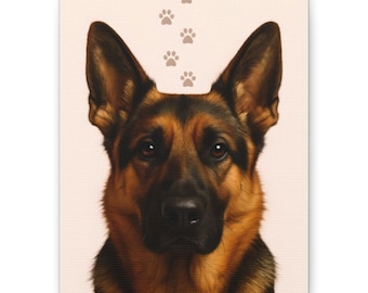 May include: Canvas print featuring a German Shepherd dog with a black muzzle and brown and black fur. Above the dog's head are several paw prints in a light brown color, set against a light pink background.