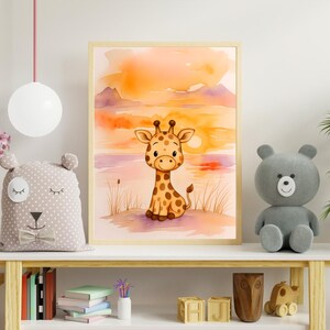 Cute Cartoon Giraffe Wall Art – Watercolor Sunset Nursery Print – Jungle Animal Decor for Kids Room