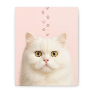 Adorable Cat Portrait Canvas Art, Cat Lover Gift, Pet Memorial Decor, Cute Home Wall Art, Pink Paw Prints Decoration