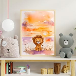 Watercolor Lion Cub Wall Art – Safari Nursery Print – Jungle Animal Decor for Kids Room