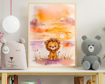 Watercolor Lion Cub Wall Art – Safari Nursery Print – Jungle Animal Decor for Kids Room