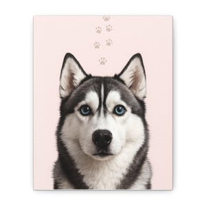 Husky Dog Matte Canvas Wall Art, Dog Lover Home Decor, Pet Memorial Gift, Cute Animal Print for Dog Lovers, Pink Paw Print Canvas