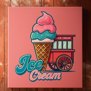 Kolorowy rożek z lodami i ilustracja wózka – Fantazyjna sztuka deserowa