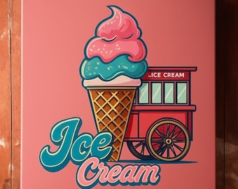 Puede incluir: Una impresión en lienzo rosa con un cono de helado de dibujos animados con bolas rosas y turquesas, y un carrito de helados rojo. Las palabras "Ice Cream" están escritas en guión turquesa con un contorno blanco.