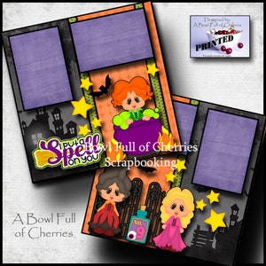 May include: A digital scrapbook paper design featuring a witch stirring a cauldron with a broom and stars. The text "I put a spell on you" is on the left side of the image. The text "A Bowl Full of Cherries Scrapbooking" is on the right side of the image. The design is in orange, black, green, and yellow.