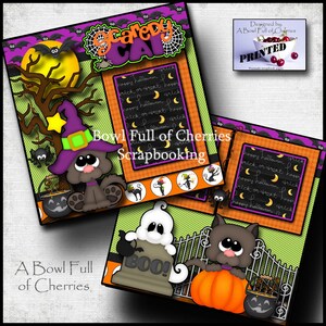 May include: Three printable scrapbook paper designs featuring a black cat with a witch's hat, a ghost, and a black cat holding a pumpkin. The papers have a Halloween theme with orange, green, purple, and black colors. The text "Scaredy Cat" is featured on the top of the first paper. The text "Boo!" is featured on the second paper. The text "Happy Halloween, Trick or Treat, Happy Halloween" is repeated on the third paper.