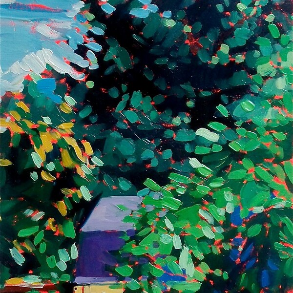 Original Oil Painting - Backyard Shed and Trees