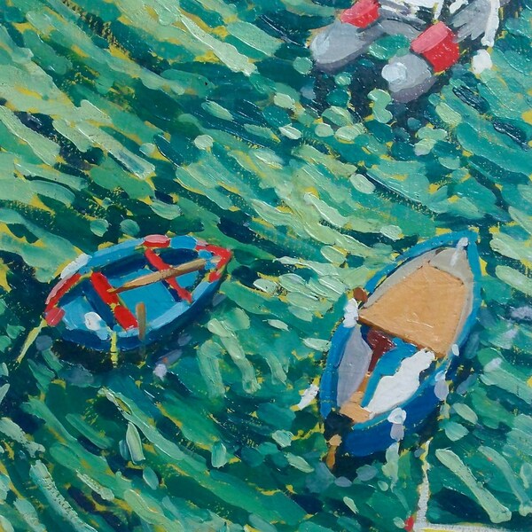 Boats in Piano, Italy on the Bay of Naples - Original Oil Painting - Matted