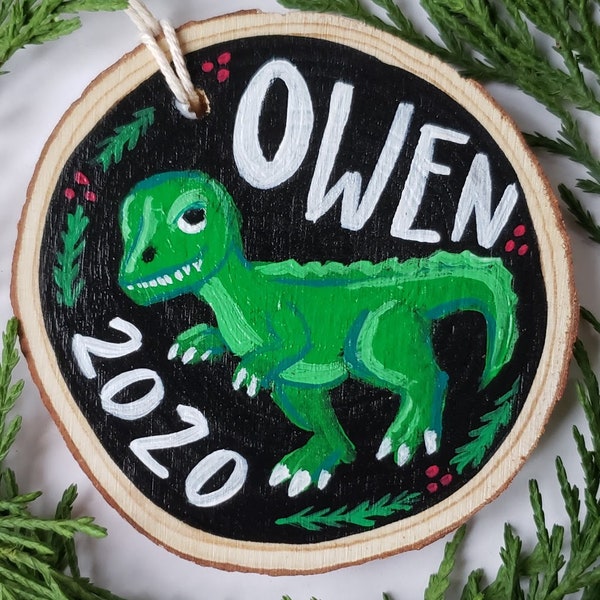 Personalized Dinosaur Kids Wood Slice Christmas Ornament