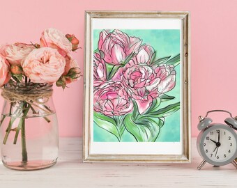 Pink Tulip Floral Digital Painting 8 x 10 Art Print