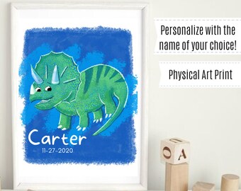 Personalized Green Triceratops Kids Digital Art Print