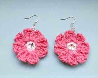 Pink Flower - Crochet Earrings
