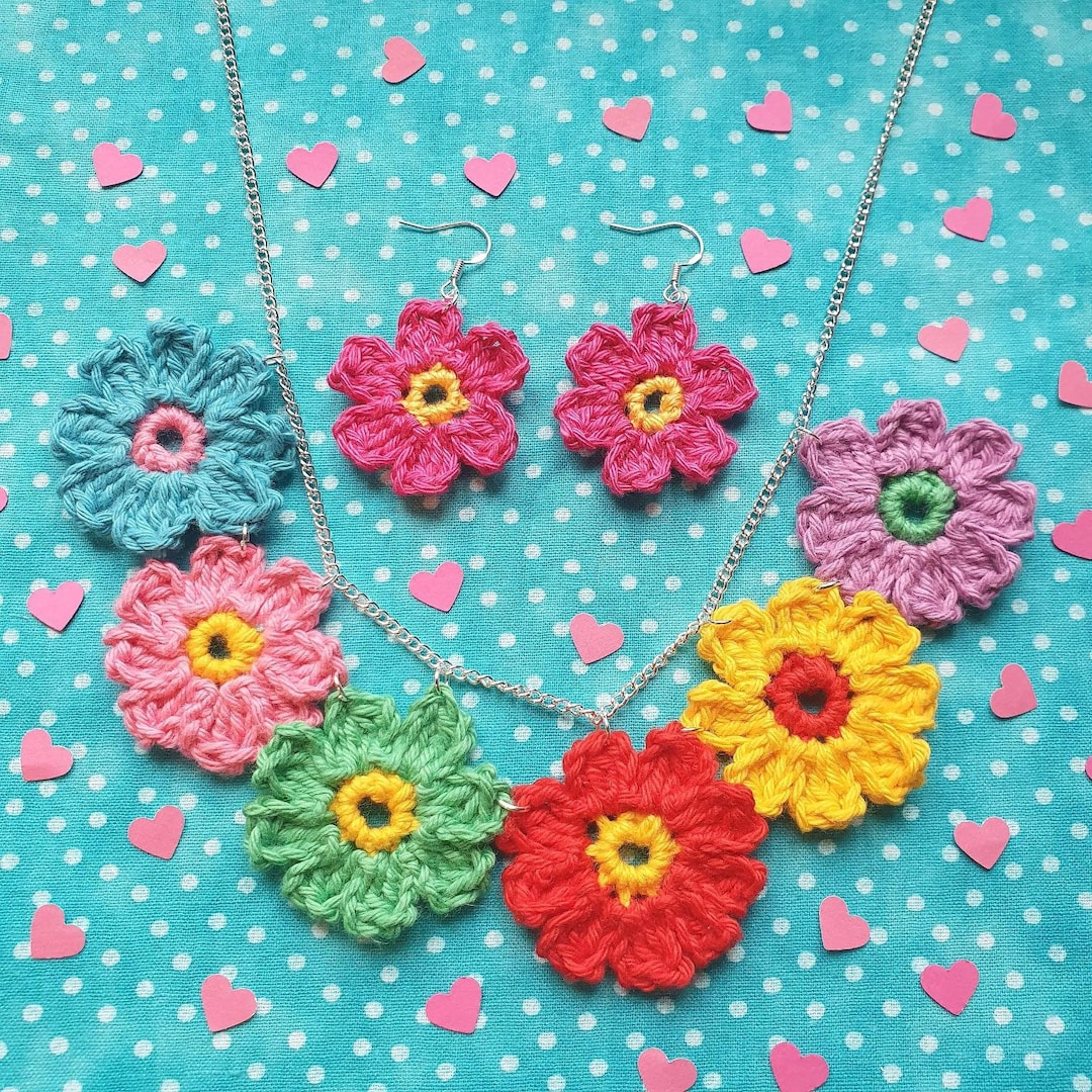 Rainbow Flowers Crochet Necklace and Earrings Set - Etsy