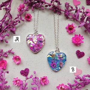 Floral Heart Pendants - sterling silver chain. Resin necklaces made with real flowers. Floral Jewellery. Resin Jewellery