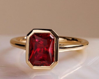 Anel de noivado vintage com rubi lapidado em esmeralda, pedra preciosa sólida amarela e vermelha, ouro 14k, compromisso, anel feito à mão, lindo conjunto de aro, anel de rubi para presente