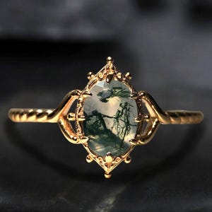 Natural Oval Shaped Moss-Agate Engagement Ring 14K Solid Yellow Gold Promise Anniversary Gift Wife