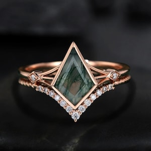 Natural Kite Shaped Moss Agate Engagement Ring Set 14K Solid Rose Gold Promise Ring Nature Inspired Anniversary Jewelry Gift for Women, Wife