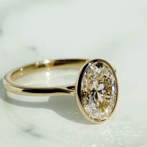 14K Solid Yellow Gold Engagement Ring, Oval Cut Moissanite Wedding Ring, Stylish Full Bezel Set Ring, Best Anniversary Gift For Women