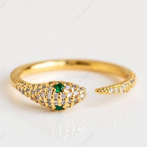 14K Solid Gold Emerald Snake Ring, Diamond Serpent Ring, Adjustable Open Snake Ring For Girls 925 Sterling Silver Snake Ring Snake Jewelry