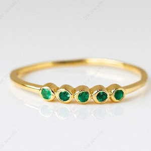 14K gold Half Eternity Emerald Ring Green Gemstone Yellow Gold Plated Emerald Alternating Round Cut Emerald Ring Anniversary Band For Her