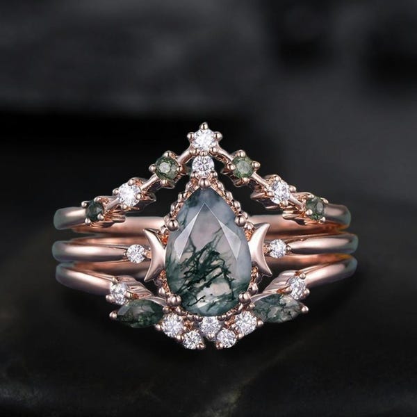 Anillo de compromiso vintage de ágata musgosa (3 piezas), corte pera, luna creciente, oro rosa, ideal como regalo de aniversario de boda.