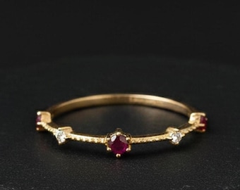 14K Solid Gold Ruby Engagement Ring, Half Eternity Diamond Wedding Band,Customized Velentian's Gift