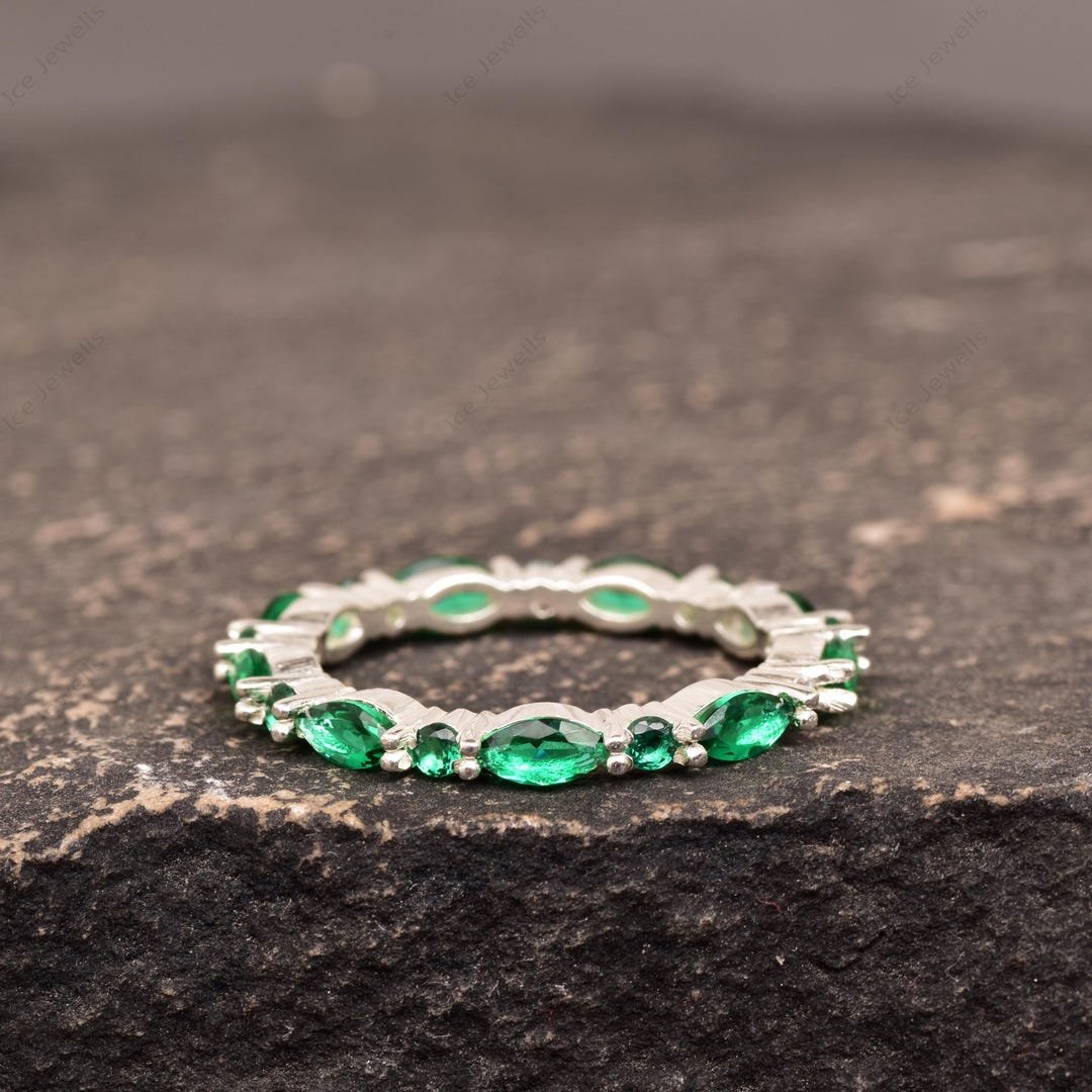 14K Marquise Cut Emerald Solid Gold Vintage Full Eternity Band Dainty ...
