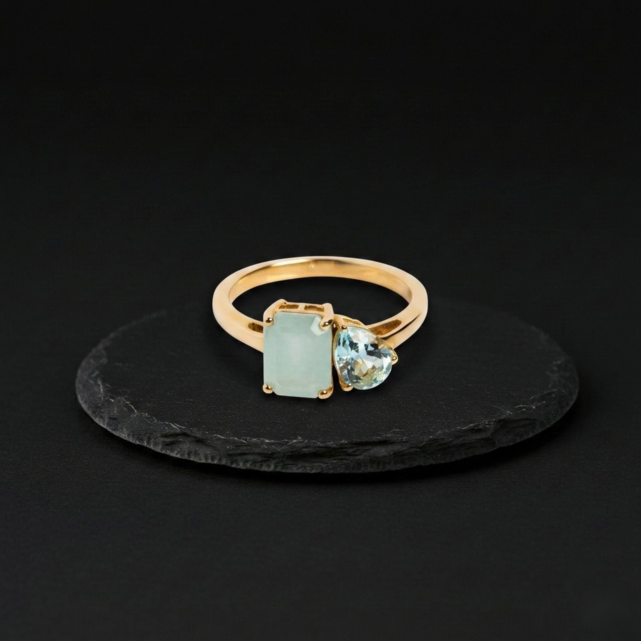Dainty Milky Aquamarine & Blue Topaz Toi Moi Gemstone Ring Minimalist…