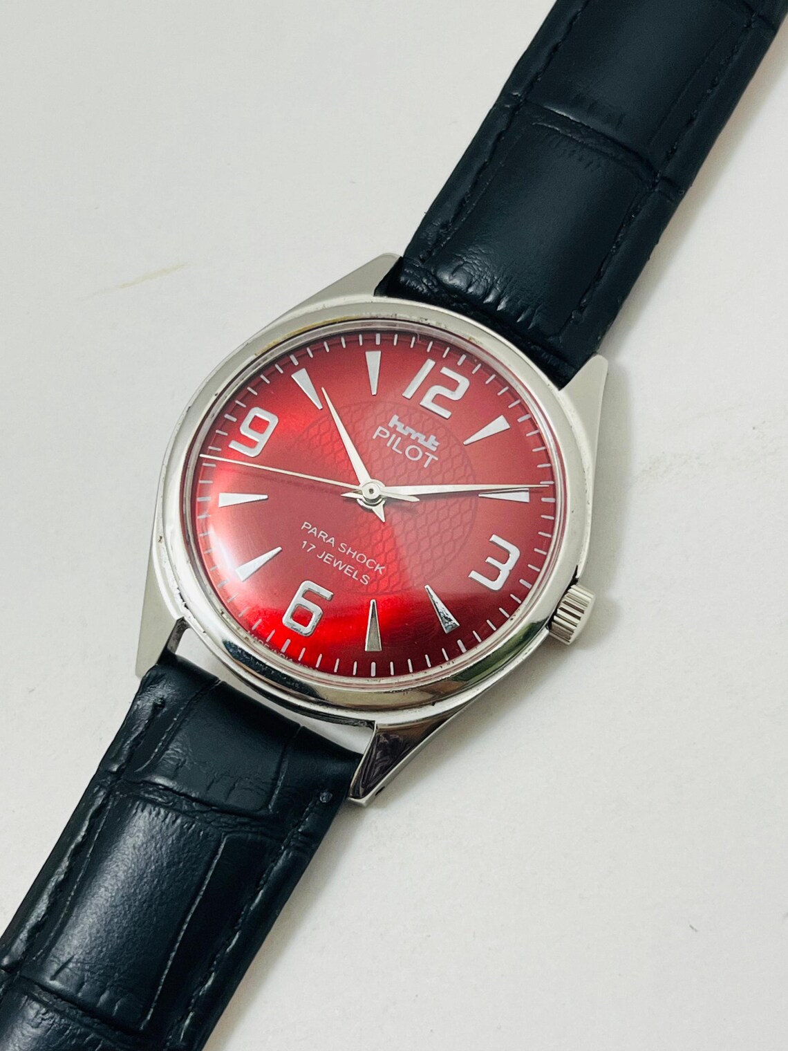 Vintage HMT Pilot Red Dial Mechanical Watch: 17Jewels Manual-Winding Made in India Christmas gifts, photo 3 sur 5