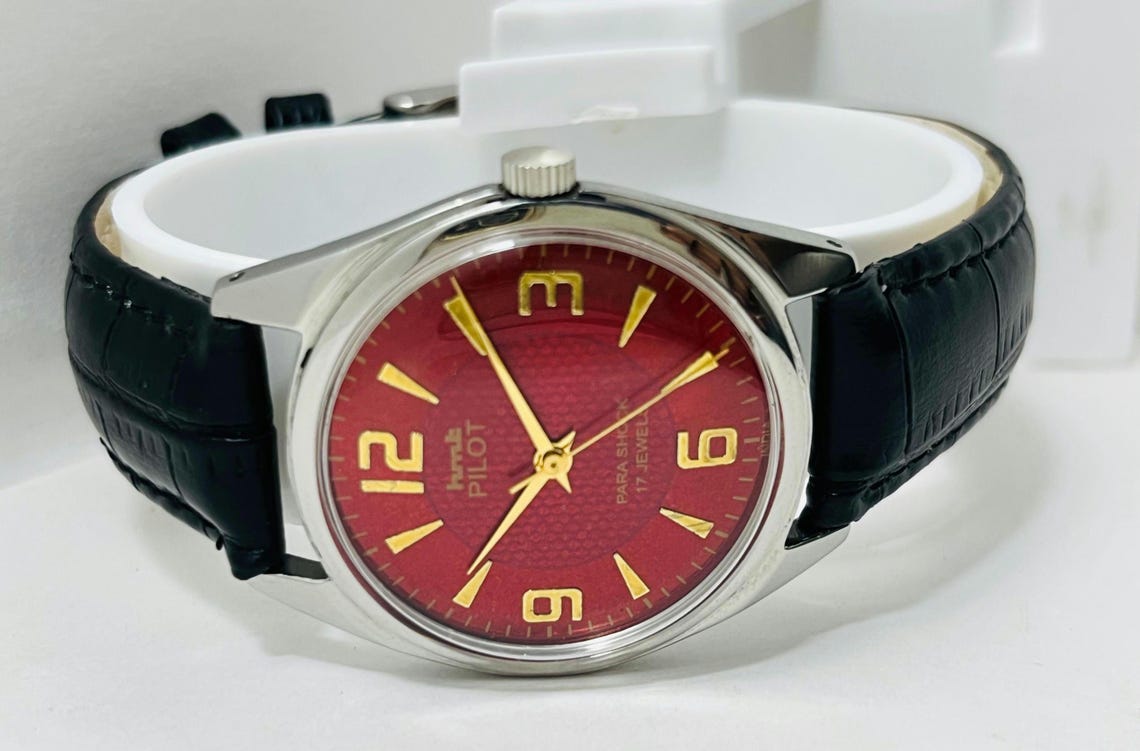 Vintage HMT Pilot Red Dial Mechanical Watch: 17Jewels Manual-Winding Made in India Christmas gifts, foto 4 de 5