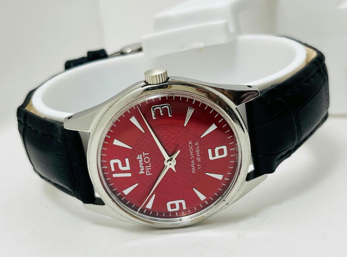 Vintage HMT Pilot Red Dial Mechanical Watch: 17Jewels Manual-Winding Made in India Christmas gifts, photo 4 sur 5