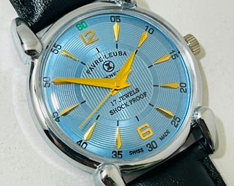 Generalüberholte Vintage-Uhr Favre Leuba Geneve, mechanische Uhr, himmelblaues Zifferblatt, 17 Steine, gebraucht